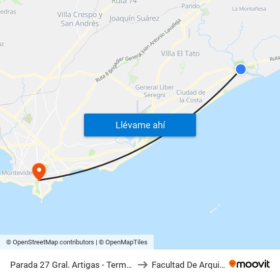 Parada 27 Gral. Artigas - Terminal El Pinar to Facultad De Arquitectura map