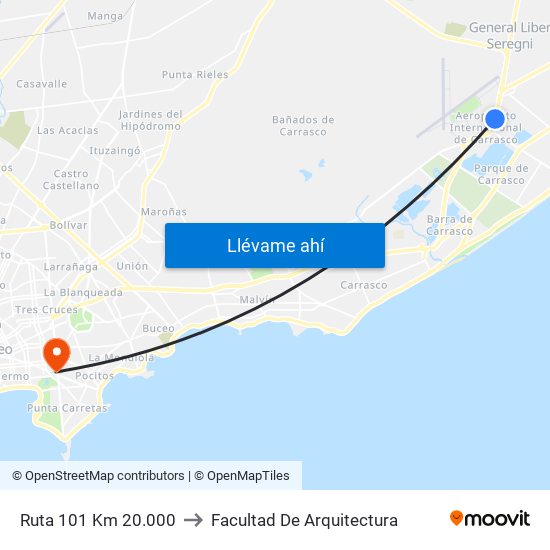 Ruta 101 Km 20.000 to Facultad De Arquitectura map
