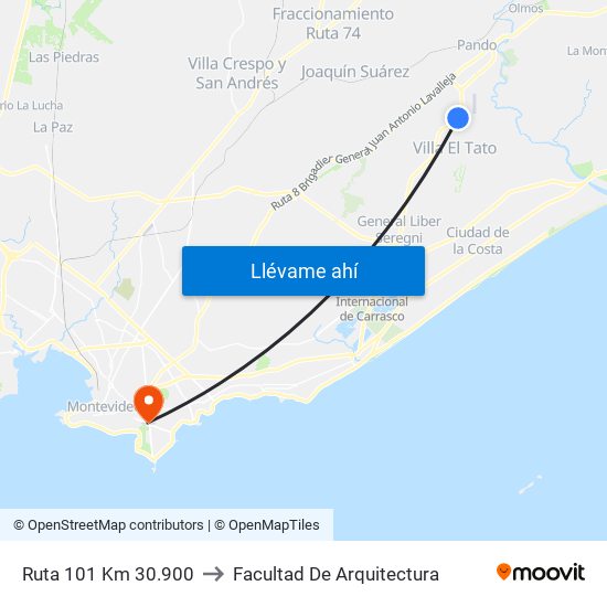 Ruta 101 Km 30.900 to Facultad De Arquitectura map