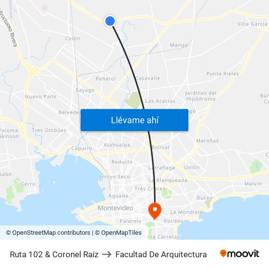 Ruta 102 & Coronel Raíz to Facultad De Arquitectura map
