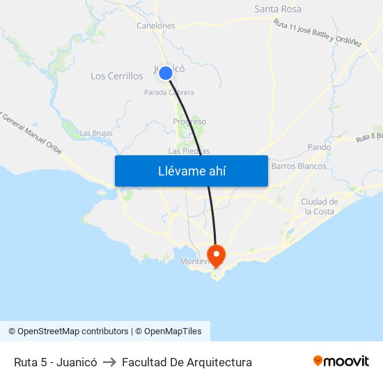 Ruta 5 - Juanicó to Facultad De Arquitectura map