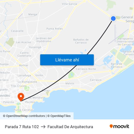Parada 7 Ruta 102 to Facultad De Arquitectura map