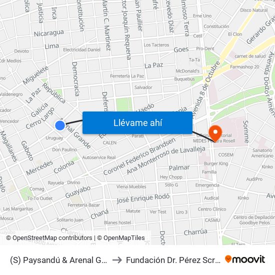 (S) Paysandú & Arenal Grande to Fundación Dr. Pérez Scremini map