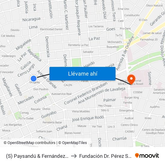 (S) Paysandú & Fernández Crespo to Fundación Dr. Pérez Scremini map