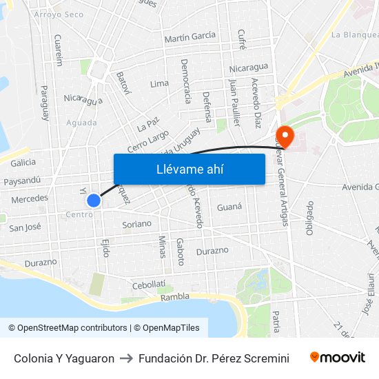 Colonia Y Yaguaron to Fundación Dr. Pérez Scremini map