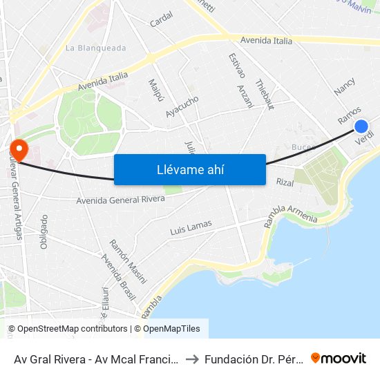 Av Gral Rivera - Av Mcal Francisco Solano Lopez to Fundación Dr. Pérez Scremini map