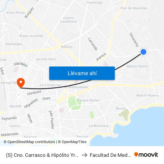 (S) Cno. Carrasco & Hipólito Yrigoyen to Facultad De Medicina map