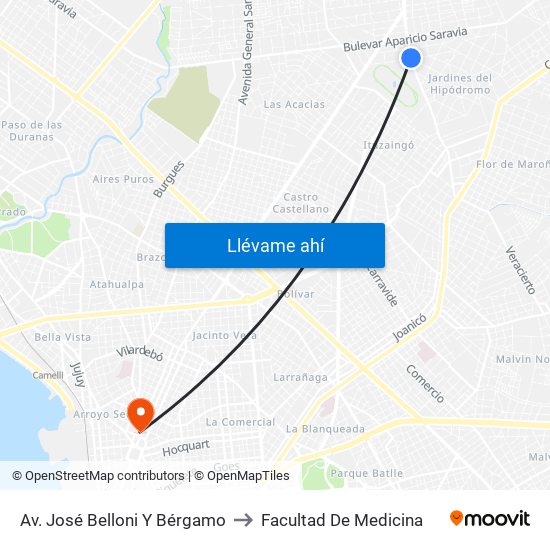 Av. José Belloni Y Bérgamo to Facultad De Medicina map