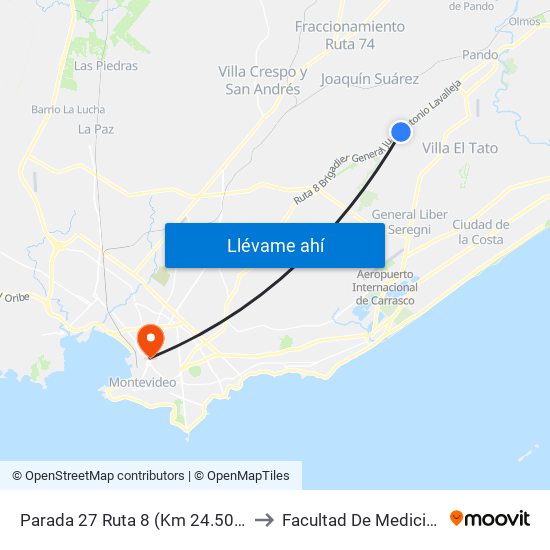 Parada 27 Ruta 8 (Km 24.500) to Facultad De Medicina map