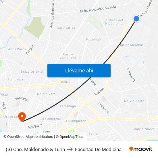 (S) Cno. Maldonado & Turín to Facultad De Medicina map