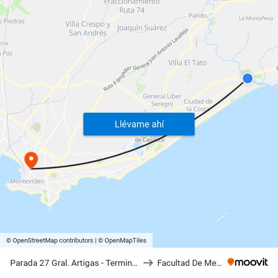Parada 27 Gral. Artigas - Terminal El Pinar to Facultad De Medicina map