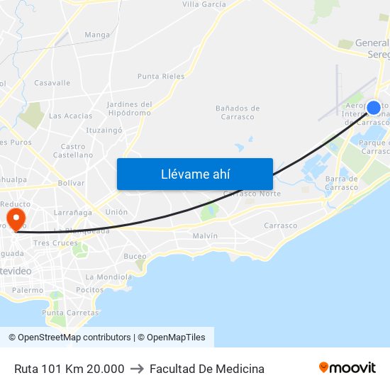 Ruta 101 Km 20.000 to Facultad De Medicina map