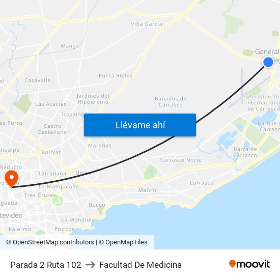 Parada 2 Ruta 102 to Facultad De Medicina map