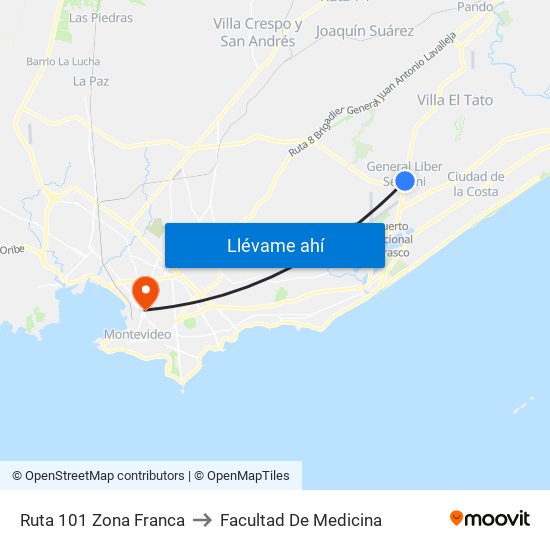Ruta 101 Zona Franca to Facultad De Medicina map