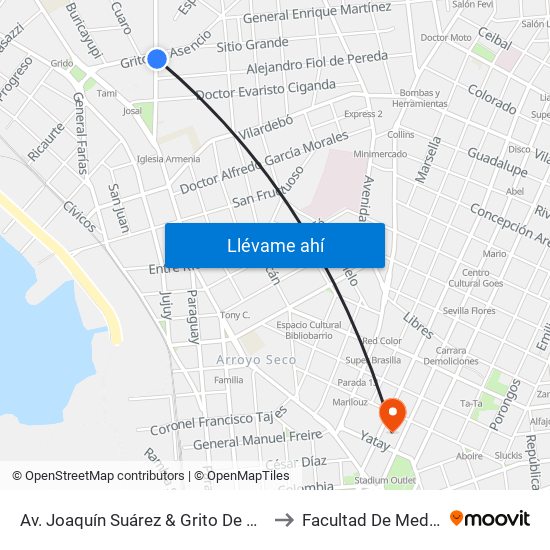 Av. Joaquín Suárez & Grito De Asencio to Facultad De Medicina map