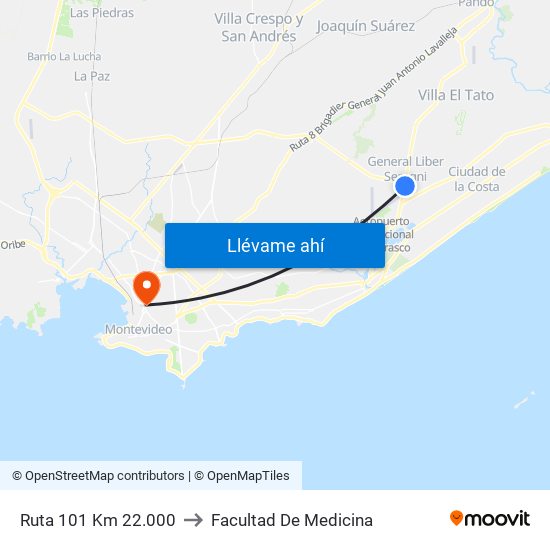 Ruta 101 Km 22.000 to Facultad De Medicina map