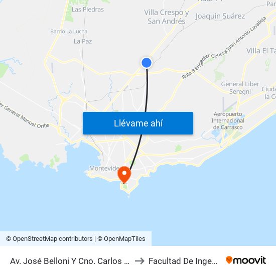 Av. José Belloni Y Cno. Carlos Linneo to Facultad De Ingeniería map