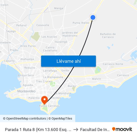 Parada 1 Ruta 8 (Km 13.600 Esq. Albert Einstein) to Facultad De Ingeniería map