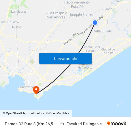 Parada 32 Ruta 8 (Km 26,500) to Facultad De Ingeniería map