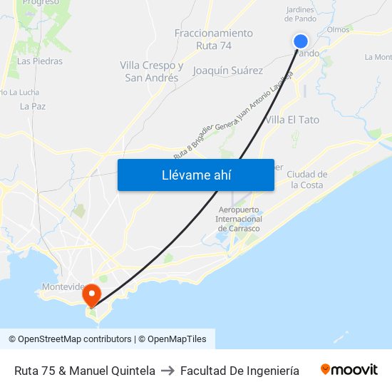 Ruta 75 & Manuel Quintela to Facultad De Ingeniería map