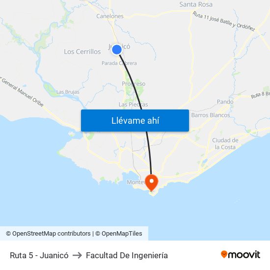 Ruta 5 - Juanicó to Facultad De Ingeniería map