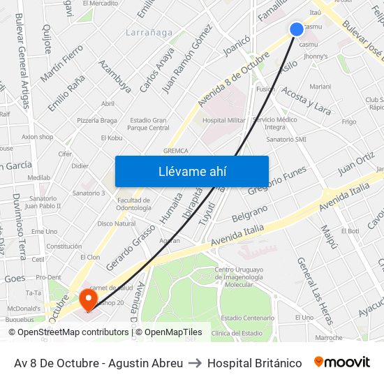 Av 8 De Octubre - Agustin Abreu to Hospital Británico map