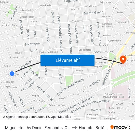 Miguelete - Av Daniel Fernandez Crespo to Hospital Británico map