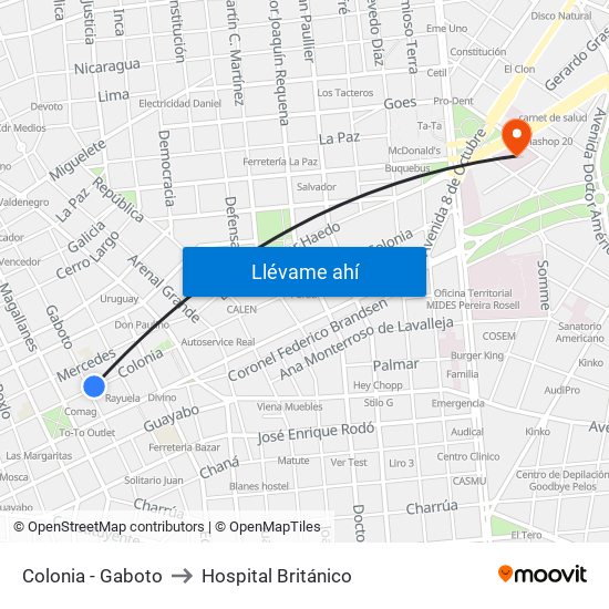 Colonia - Gaboto to Hospital Británico map