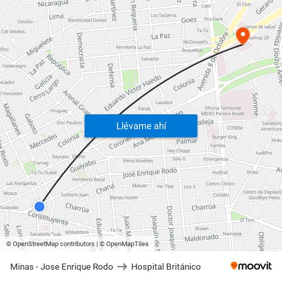 Minas - Jose Enrique Rodo to Hospital Británico map