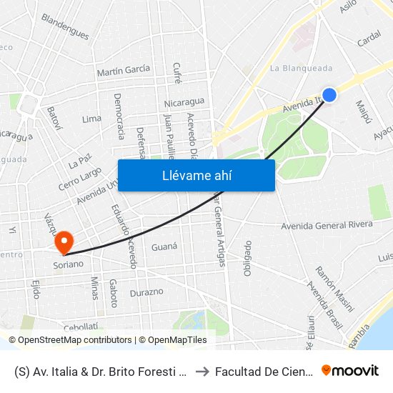(S) Av. Italia & Dr. Brito Foresti (Hospital De Clinicas) to Facultad De Ciencias Sociales map