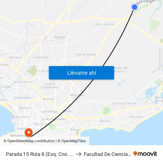 Parada 15 Ruta 8 (Esq. Cno. Las Pléyades) to Facultad De Ciencias Sociales map