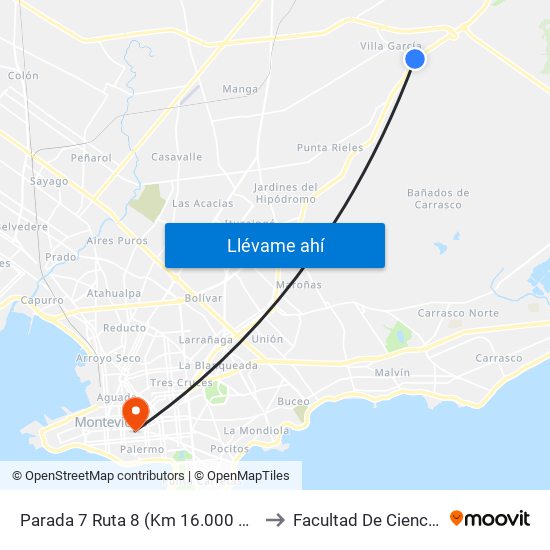 Parada 7 Ruta 8 (Km 16.000 Esq. Cno. Repetto) to Facultad De Ciencias Sociales map