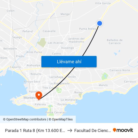 Parada 1 Ruta 8 (Km 13.600 Esq. Albert Einstein) to Facultad De Ciencias Sociales map