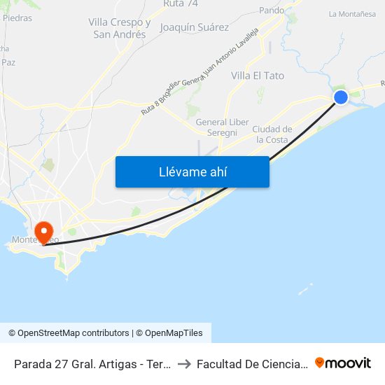 Parada 27 Gral. Artigas - Terminal El Pinar to Facultad De Ciencias Sociales map