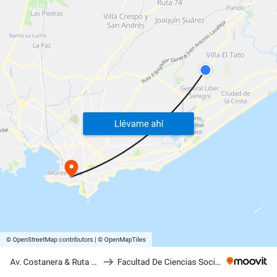 Av. Costanera & Ruta 101 to Facultad De Ciencias Sociales map
