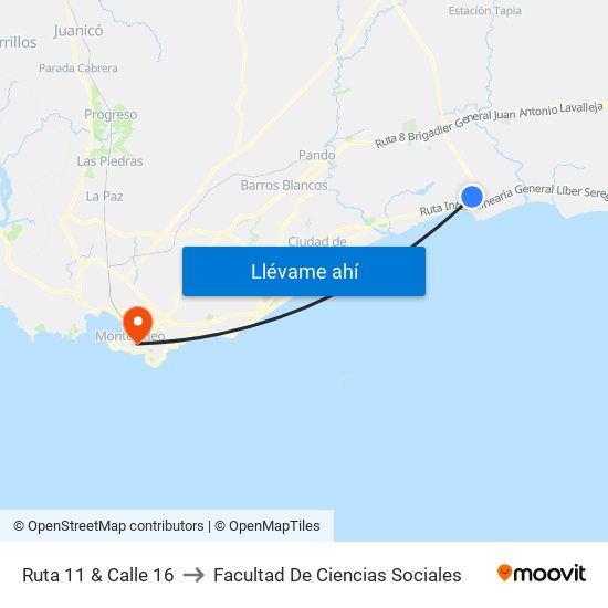 Ruta 11 & Calle 16 to Facultad De Ciencias Sociales map
