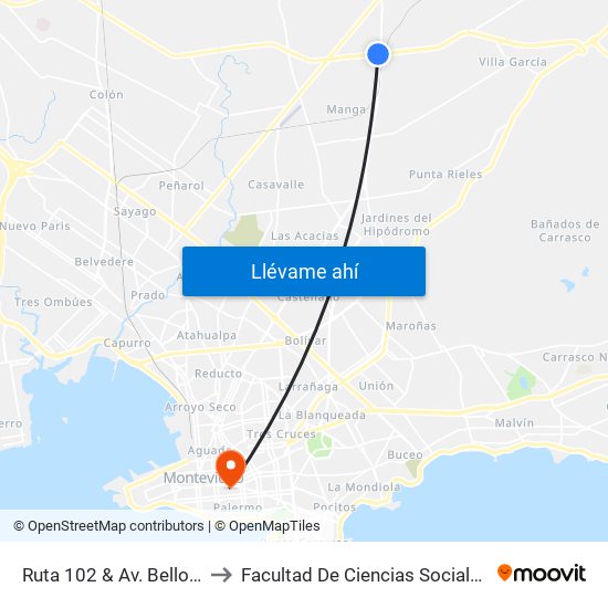 Ruta 102 & Av. Belloni to Facultad De Ciencias Sociales map