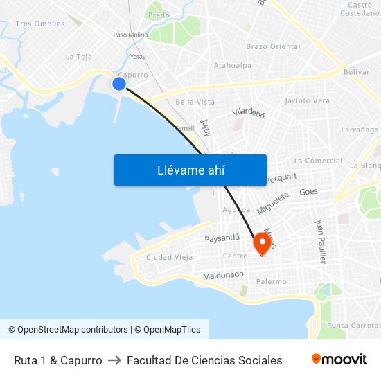 Ruta 1 & Capurro to Facultad De Ciencias Sociales map
