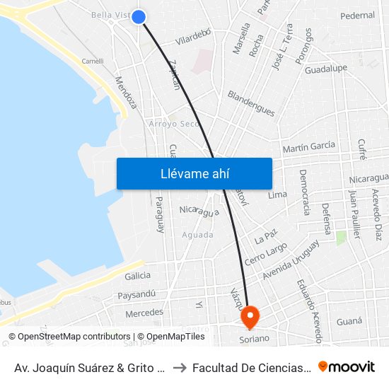 Av. Joaquín Suárez & Grito De Asencio to Facultad De Ciencias Sociales map