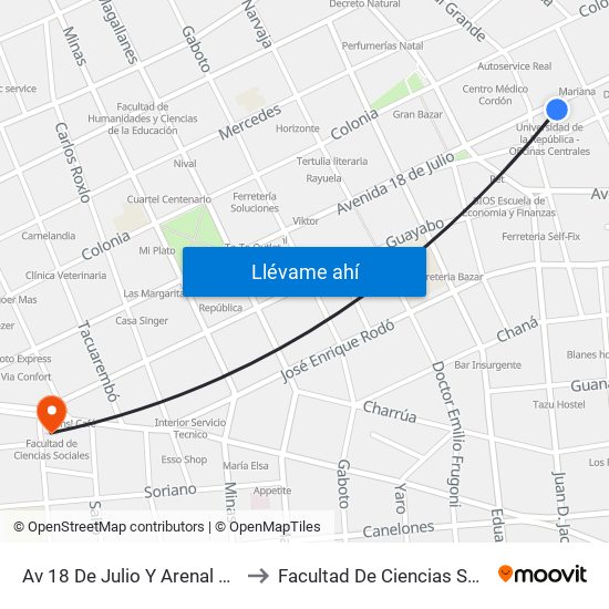 Av 18 De Julio Y Arenal Grande to Facultad De Ciencias Sociales map