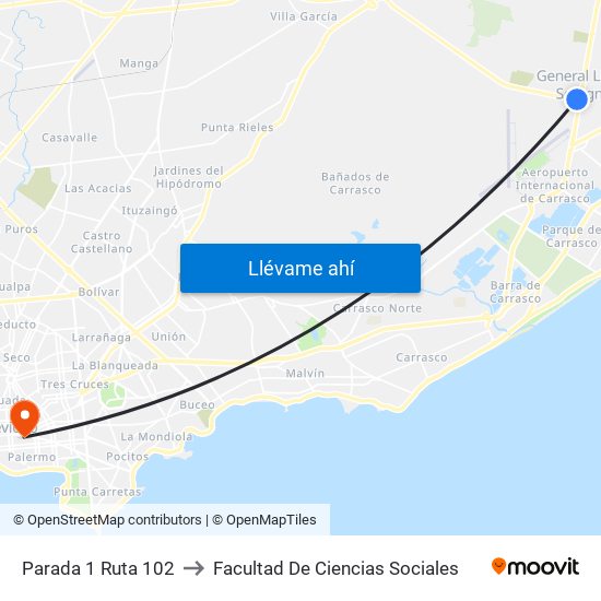 Parada 1 Ruta 102 to Facultad De Ciencias Sociales map