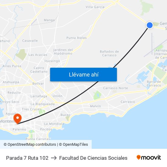 Parada 7 Ruta 102 to Facultad De Ciencias Sociales map