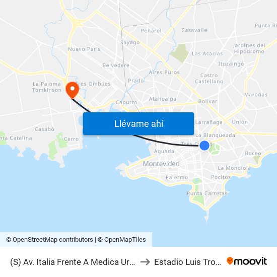 (S) Av. Italia Frente A Medica Uruguaya to Estadio Luis Troccoli map