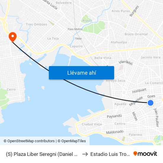 (S) Plaza Liber Seregni (Daniel Muñoz) to Estadio Luis Troccoli map
