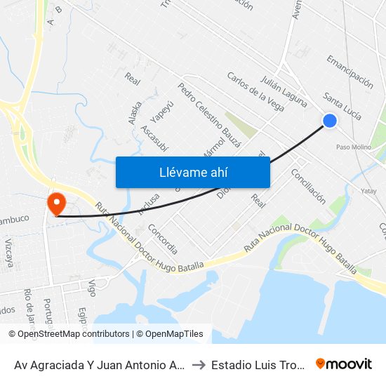 Av Agraciada Y Juan Antonio Artigas to Estadio Luis Troccoli map