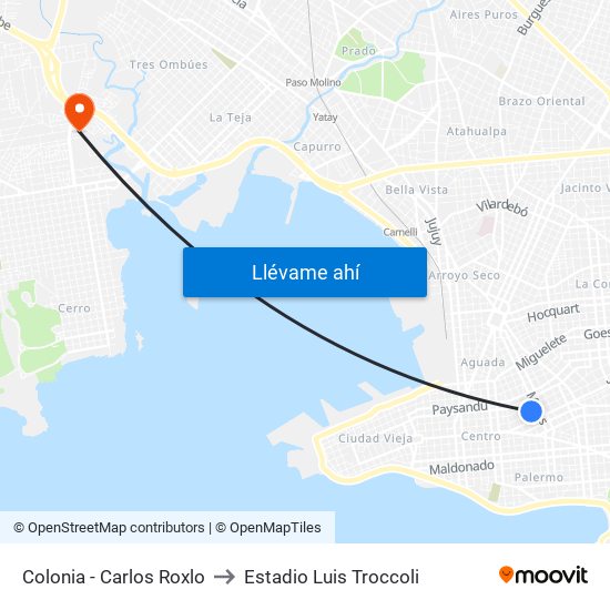 Colonia - Carlos Roxlo to Estadio Luis Troccoli map