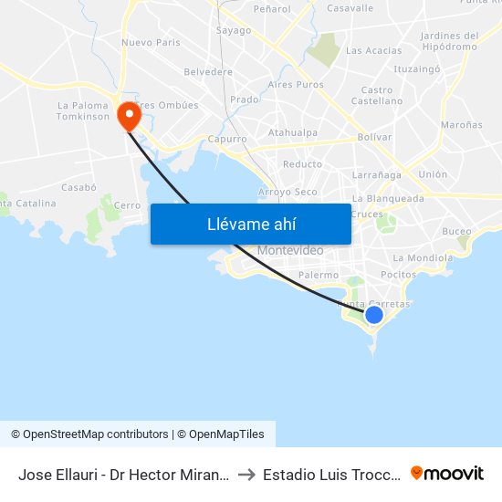 Jose Ellauri - Dr Hector Miranda to Estadio Luis Troccoli map
