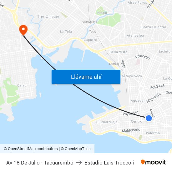 Av 18 De Julio - Tacuarembo to Estadio Luis Troccoli map