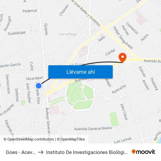 Goes - Acevedo Diaz to Instituto De Investigaciones Biológicas Clemente Estable map