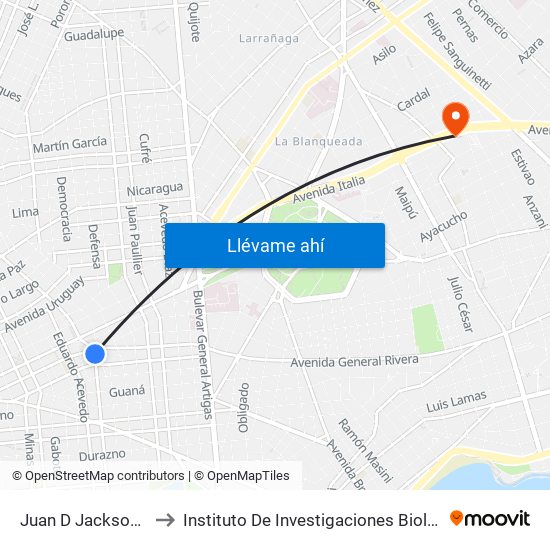 Juan D Jackson Y Guayabos to Instituto De Investigaciones Biológicas Clemente Estable map